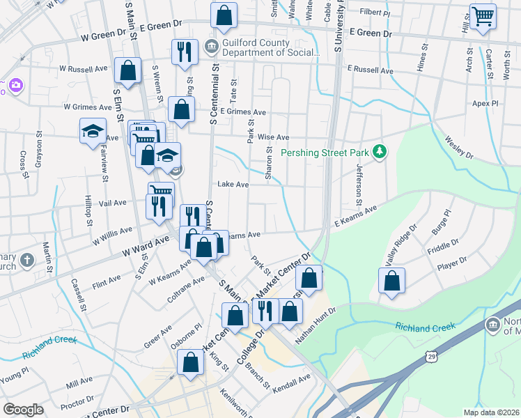 map of restaurants, bars, coffee shops, grocery stores, and more near 1309 Bencini Place in High Point