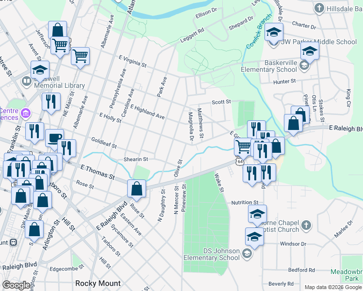 map of restaurants, bars, coffee shops, grocery stores, and more near 301-399 Olive Street in Rocky Mount
