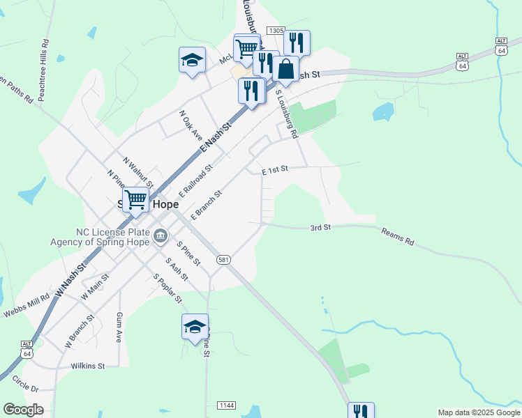map of restaurants, bars, coffee shops, grocery stores, and more near 307 2nd Street in Spring Hope