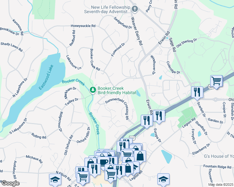 map of restaurants, bars, coffee shops, grocery stores, and more near 117 Gunston Court in Chapel Hill