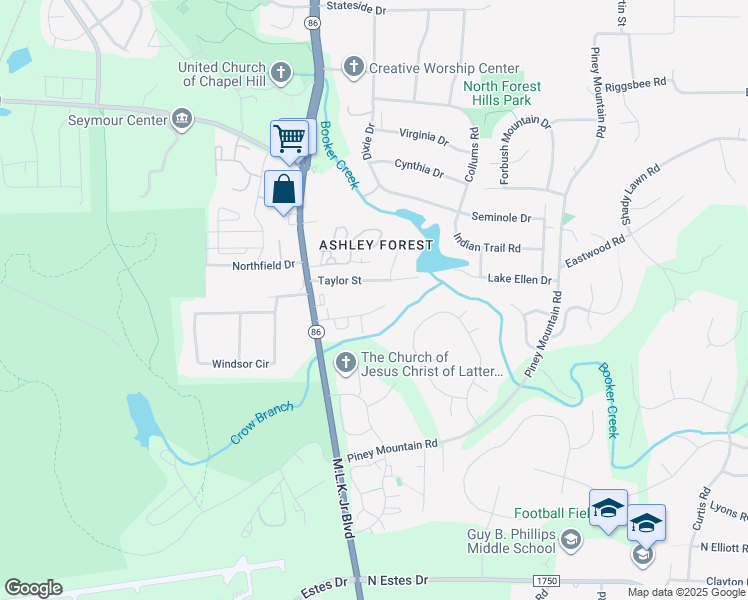map of restaurants, bars, coffee shops, grocery stores, and more near 207 Ashley Forest Road in Chapel Hill