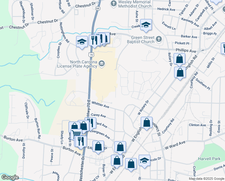 map of restaurants, bars, coffee shops, grocery stores, and more near 610 Whittier Avenue in High Point