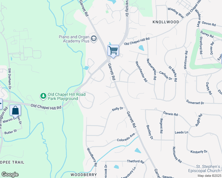 map of restaurants, bars, coffee shops, grocery stores, and more near 5410 Garrett Road in Durham