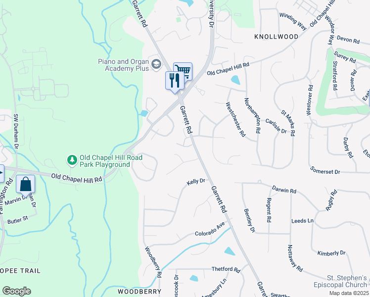 map of restaurants, bars, coffee shops, grocery stores, and more near 5410 Garrett Road in Durham
