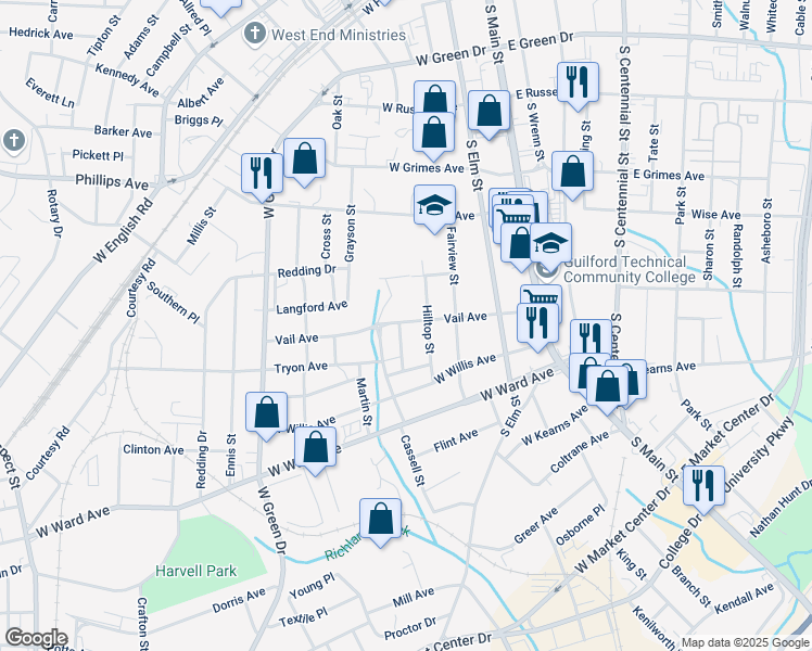 map of restaurants, bars, coffee shops, grocery stores, and more near 407 Vail Avenue in High Point