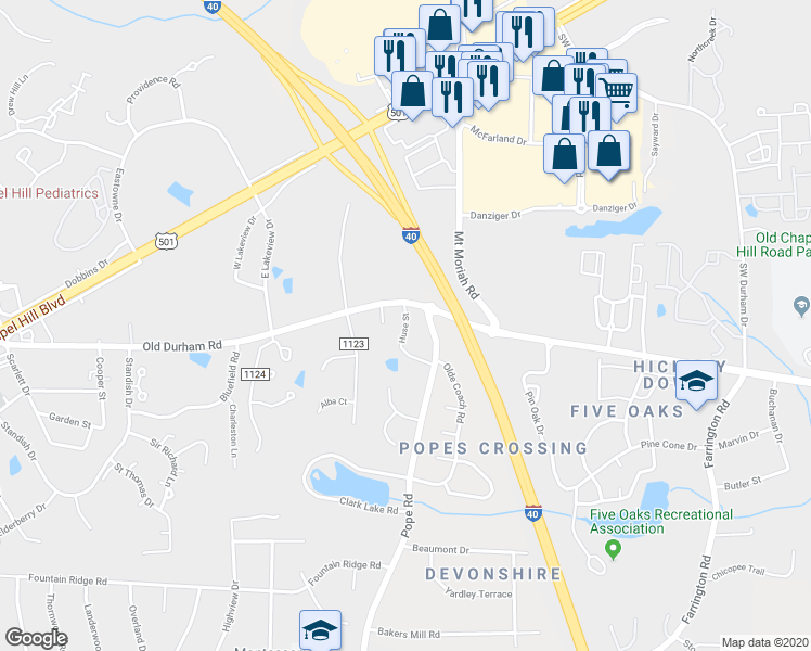 map of restaurants, bars, coffee shops, grocery stores, and more near 104 Huse Street in Durham