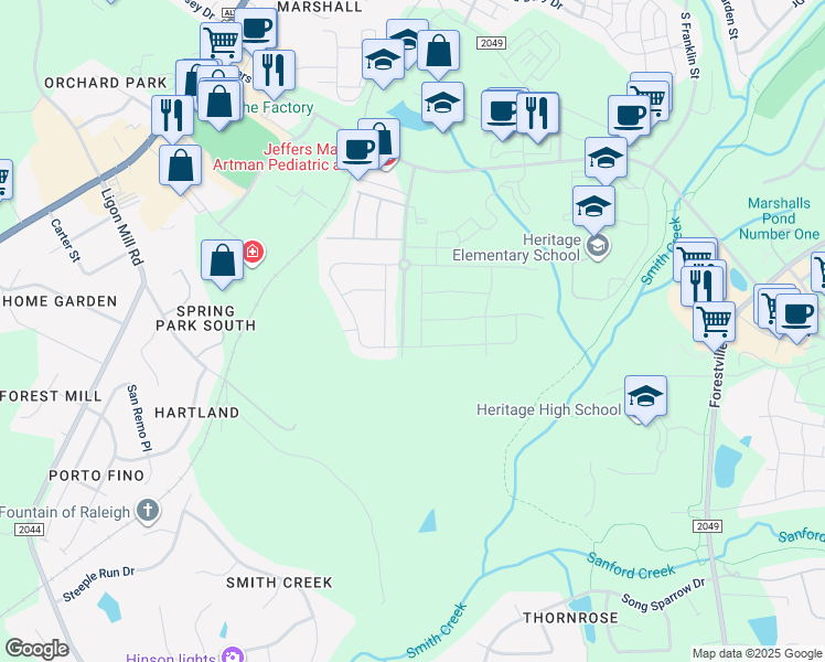 map of restaurants, bars, coffee shops, grocery stores, and more near 2117 Higley Drive in Wake Forest
