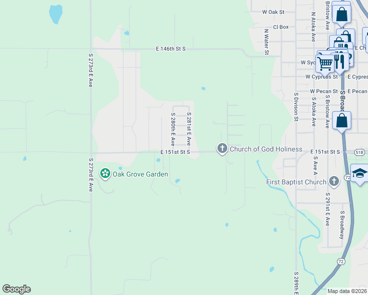 map of restaurants, bars, coffee shops, grocery stores, and more near 27998 East 150th Place South in Coweta