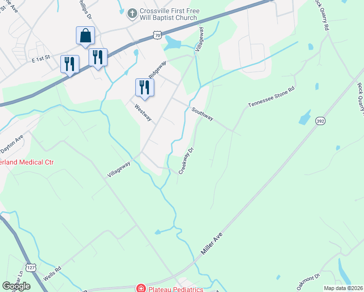 map of restaurants, bars, coffee shops, grocery stores, and more near 335 Creekway Drive in Crossville