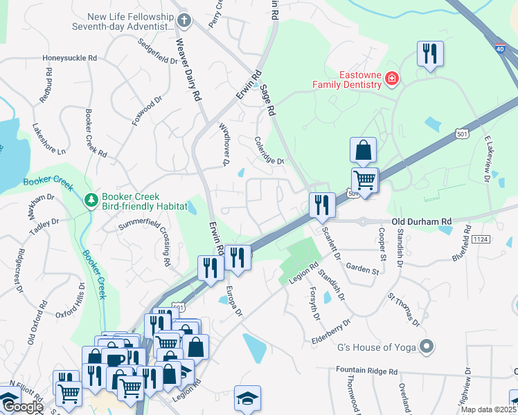 map of restaurants, bars, coffee shops, grocery stores, and more near 103 Turvey Court in Chapel Hill