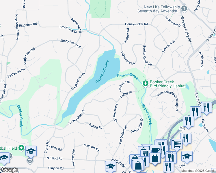 map of restaurants, bars, coffee shops, grocery stores, and more near 2025 South Lakeshore Drive in Chapel Hill