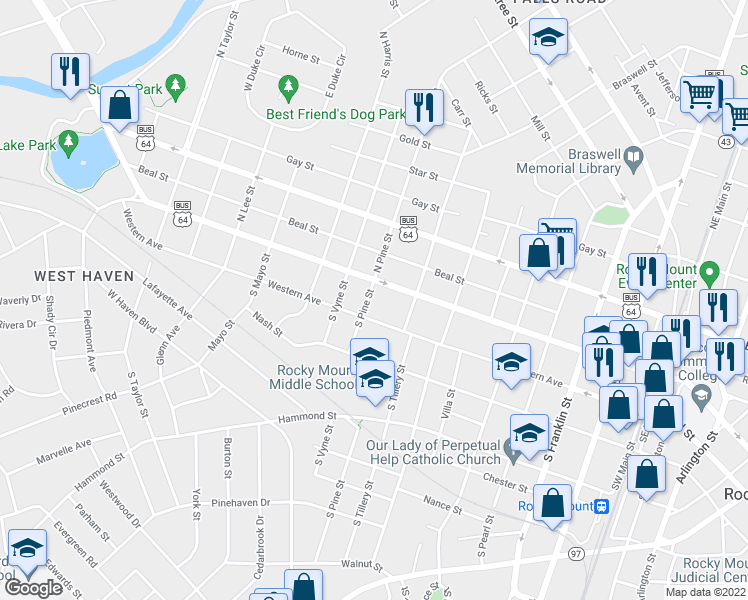 map of restaurants, bars, coffee shops, grocery stores, and more near 117 South Pine Street in Rocky Mount