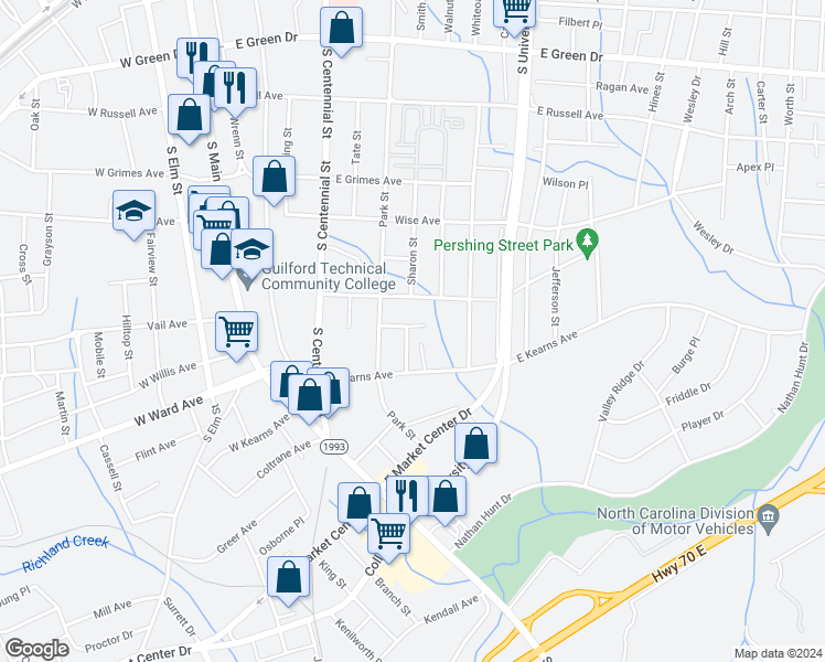 map of restaurants, bars, coffee shops, grocery stores, and more near 1301 Bencini Place in High Point