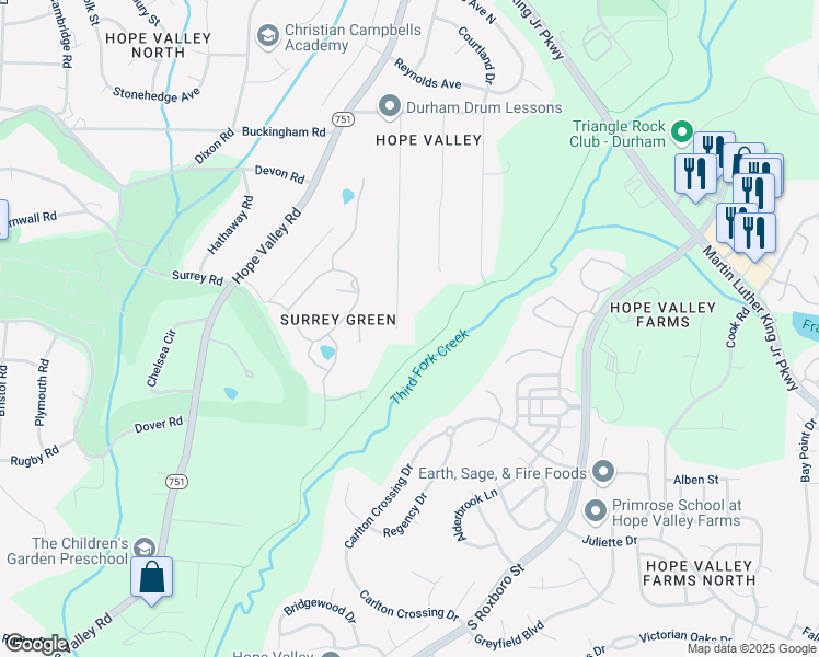 map of restaurants, bars, coffee shops, grocery stores, and more near 3563 Hamstead Court in Durham