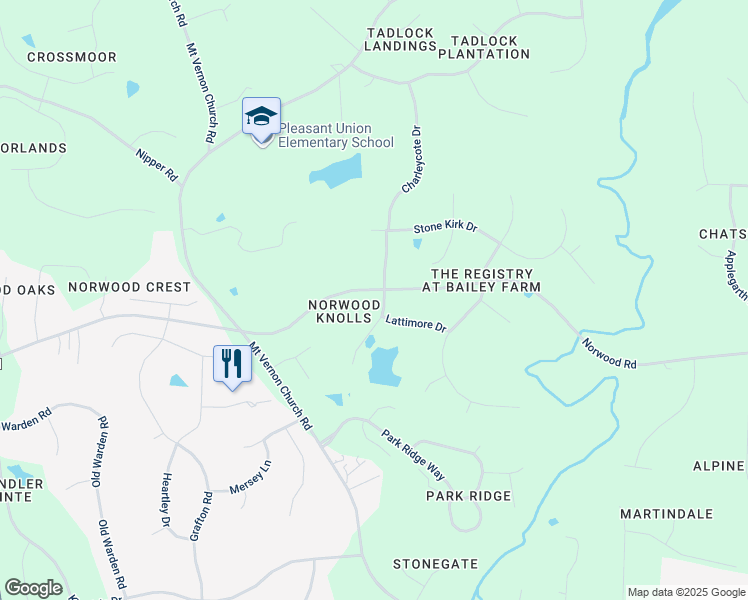 map of restaurants, bars, coffee shops, grocery stores, and more near 5917 Charleycote Drive in Raleigh