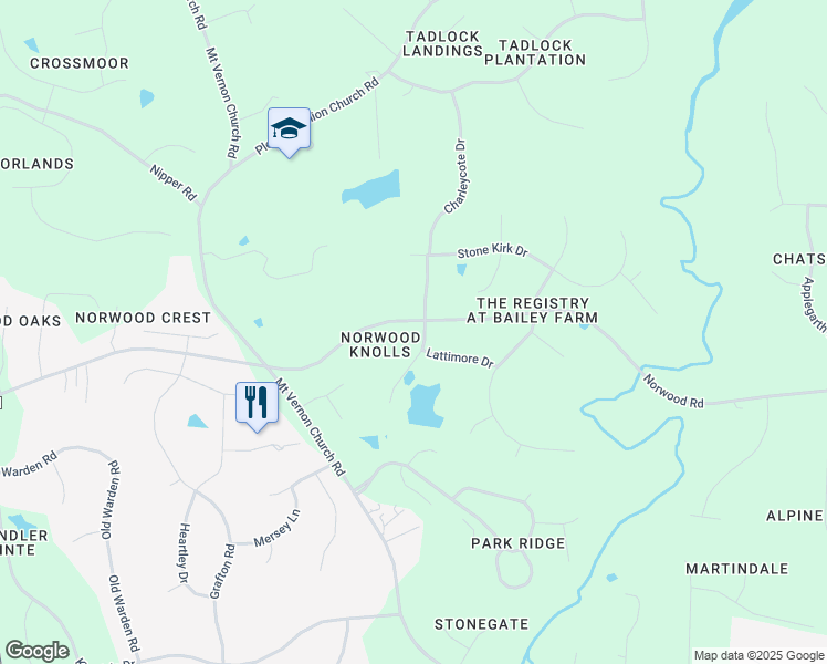 map of restaurants, bars, coffee shops, grocery stores, and more near 5917 Charleycote Drive in Raleigh