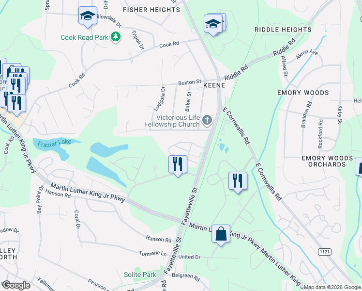 map of restaurants, bars, coffee shops, grocery stores, and more near 4302 Fayetteville Road in Durham