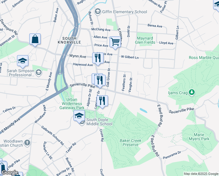 map of restaurants, bars, coffee shops, grocery stores, and more near 3805 Sevierville Pike in Knoxville