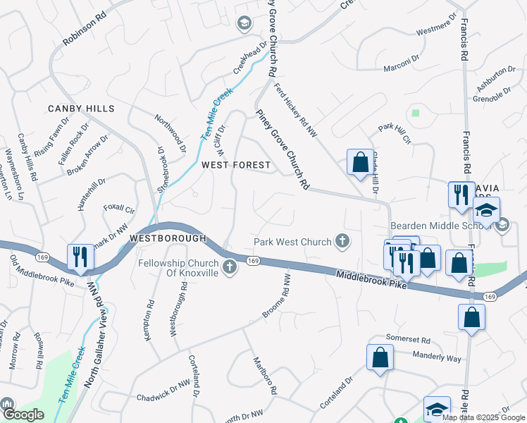 map of restaurants, bars, coffee shops, grocery stores, and more near 1112 Webster Grove Lane Northwest in Knoxville