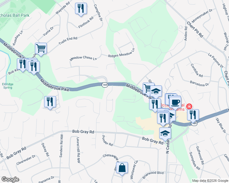 map of restaurants, bars, coffee shops, grocery stores, and more near 1100 Durham Road in Knoxville