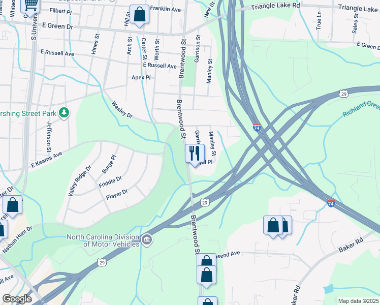 map of restaurants, bars, coffee shops, grocery stores, and more near 1807 Brentwood Street in High Point