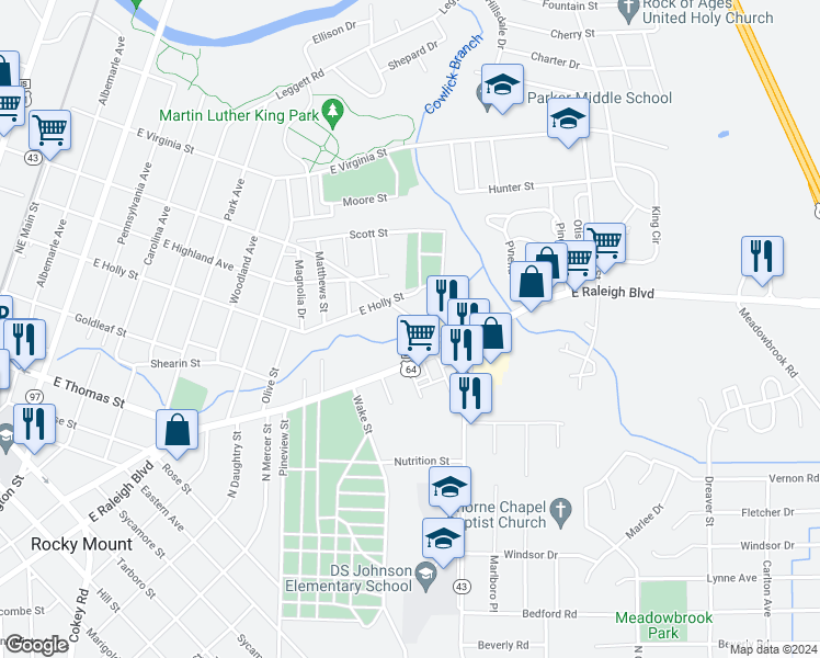 map of restaurants, bars, coffee shops, grocery stores, and more near 1205 East Grand Avenue in Rocky Mount