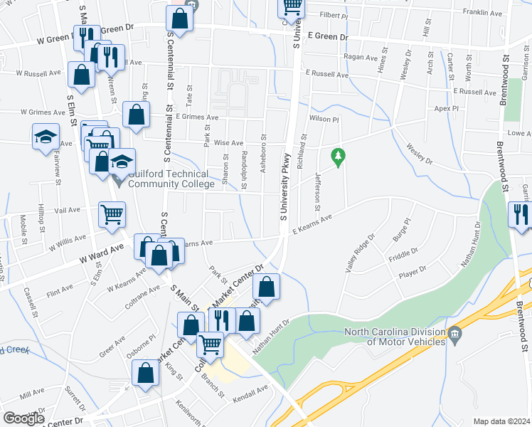 map of restaurants, bars, coffee shops, grocery stores, and more near 1113 Asheboro Street in High Point