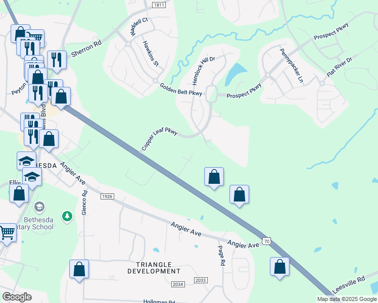 map of restaurants, bars, coffee shops, grocery stores, and more near 2421 Sanders Avenue in Durham