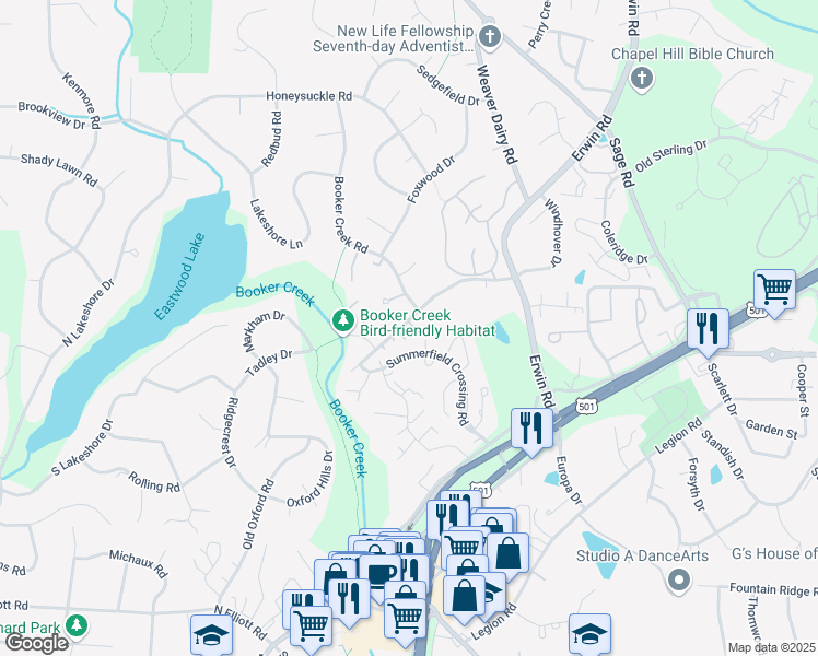 map of restaurants, bars, coffee shops, grocery stores, and more near 100 Gunston Court in Chapel Hill