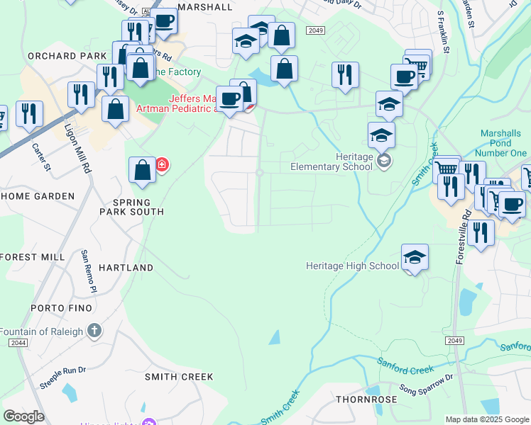 map of restaurants, bars, coffee shops, grocery stores, and more near 3137 Mountain Hill Drive in Wake Forest