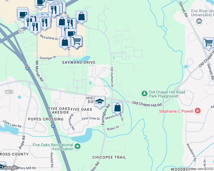 map of restaurants, bars, coffee shops, grocery stores, and more near 5102 Rose Garden Lane in Durham