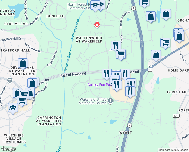 map of restaurants, bars, coffee shops, grocery stores, and more near 11031 Wakefield Commons Drive in Raleigh