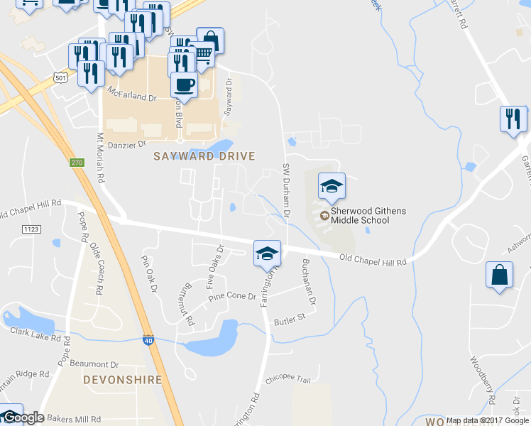 map of restaurants, bars, coffee shops, grocery stores, and more near 5399 Rose Garden Lane in Durham