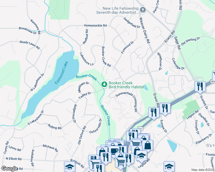 map of restaurants, bars, coffee shops, grocery stores, and more near 2210 Daley Road in Chapel Hill