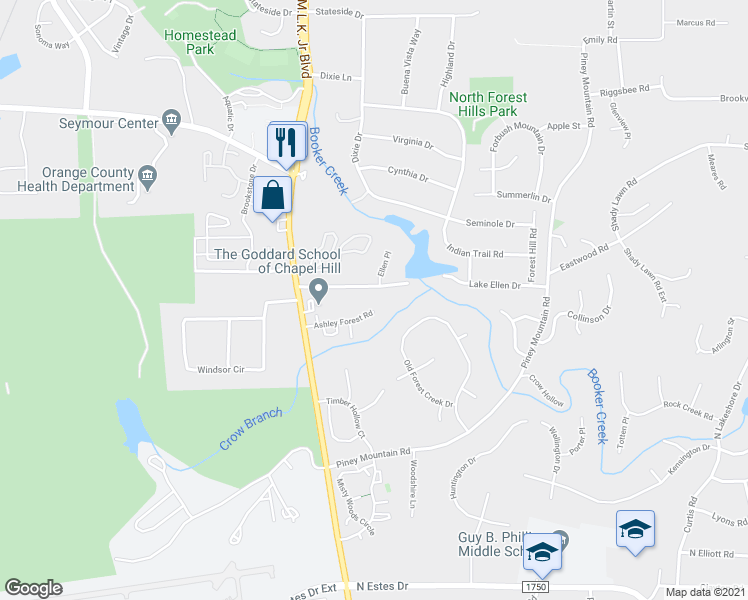 map of restaurants, bars, coffee shops, grocery stores, and more near 342 Ashley Forest Road in Chapel Hill