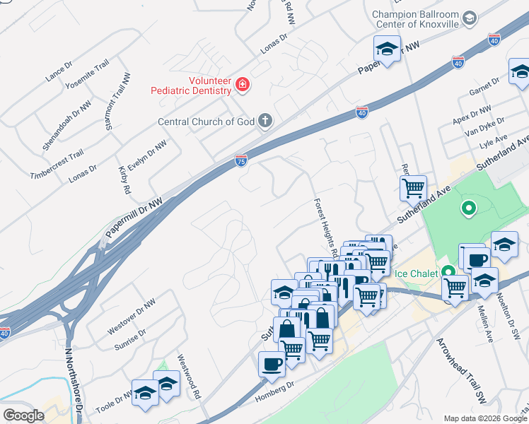 map of restaurants, bars, coffee shops, grocery stores, and more near 4175 Ridgeway Lane Northwest in Knoxville