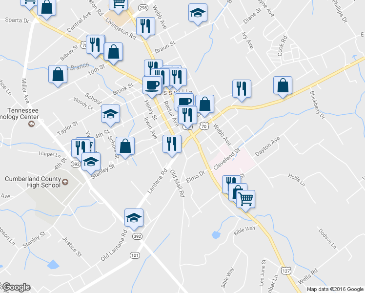 map of restaurants, bars, coffee shops, grocery stores, and more near 68 Highway 1 in Crossville