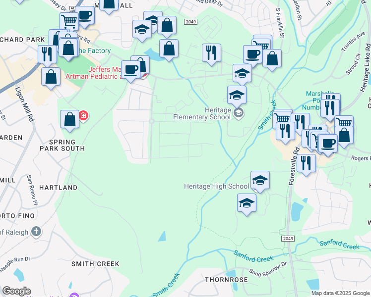 map of restaurants, bars, coffee shops, grocery stores, and more near 3028 Mountain Hill Drive in Wake Forest