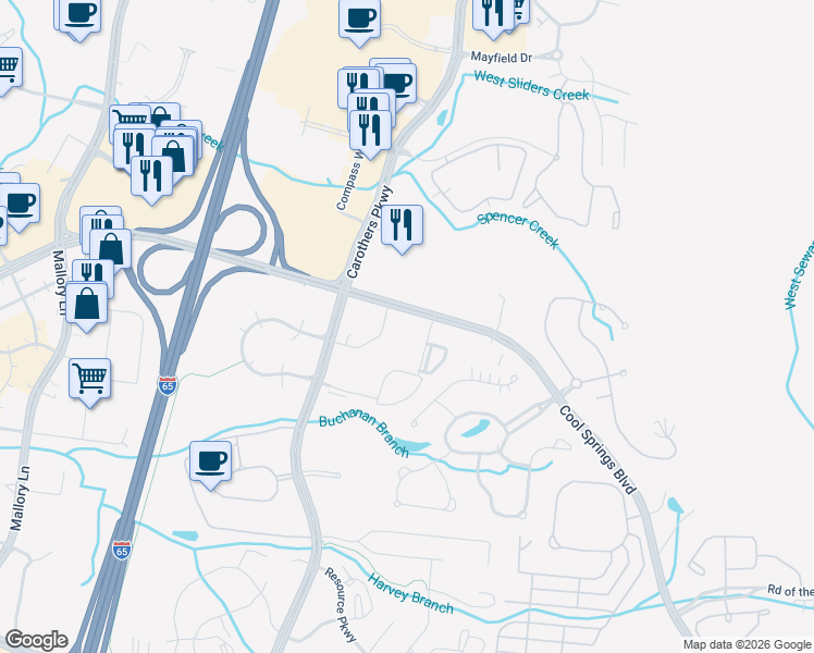 map of restaurants, bars, coffee shops, grocery stores, and more near 725 Cool Springs Boulevard in Franklin