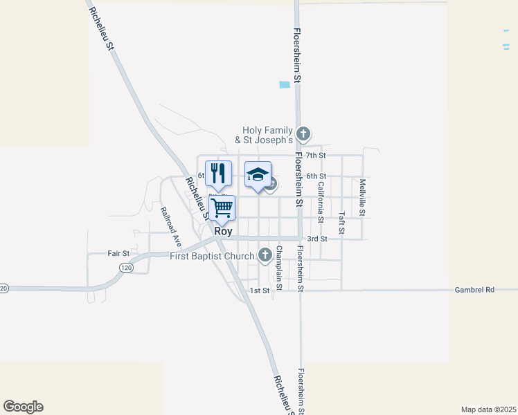map of restaurants, bars, coffee shops, grocery stores, and more near 425 Roosevelt Street in Roy