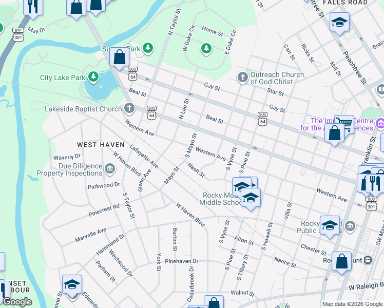 map of restaurants, bars, coffee shops, grocery stores, and more near Nash Street in Rocky Mount