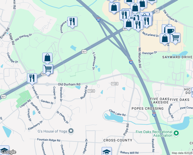 map of restaurants, bars, coffee shops, grocery stores, and more near 5640 Old Chapel Hill Road in Durham