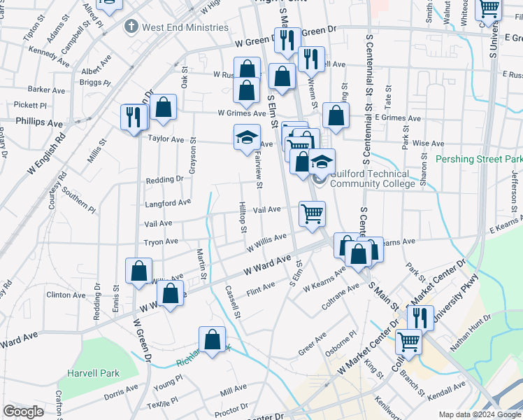 map of restaurants, bars, coffee shops, grocery stores, and more near 801 Fairview Street in High Point