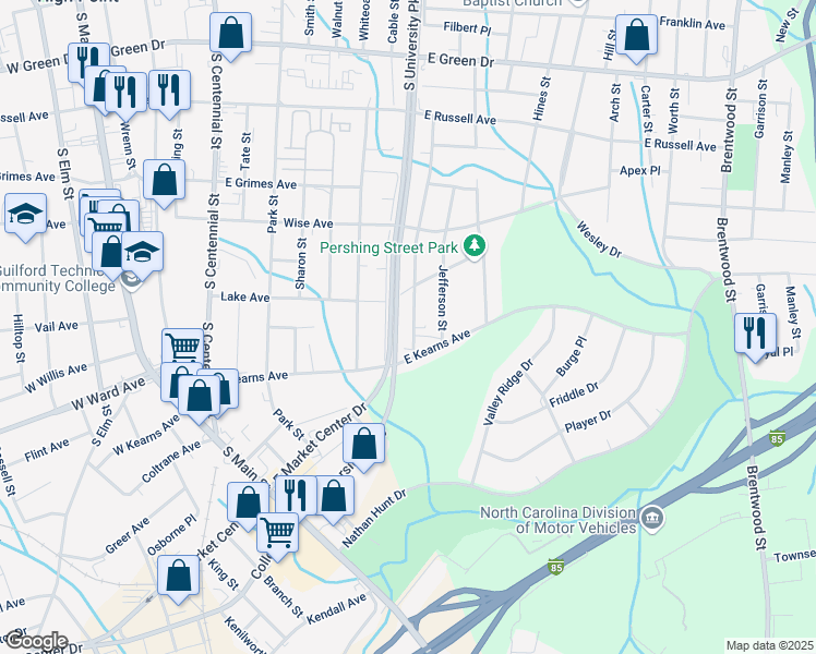 map of restaurants, bars, coffee shops, grocery stores, and more near 1116 Richland Street in High Point