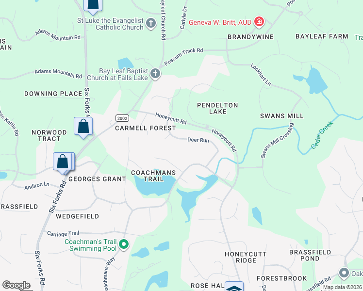 map of restaurants, bars, coffee shops, grocery stores, and more near 11805 Coachmans Way in Raleigh
