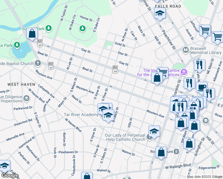map of restaurants, bars, coffee shops, grocery stores, and more near 827 Sunset Avenue in Rocky Mount