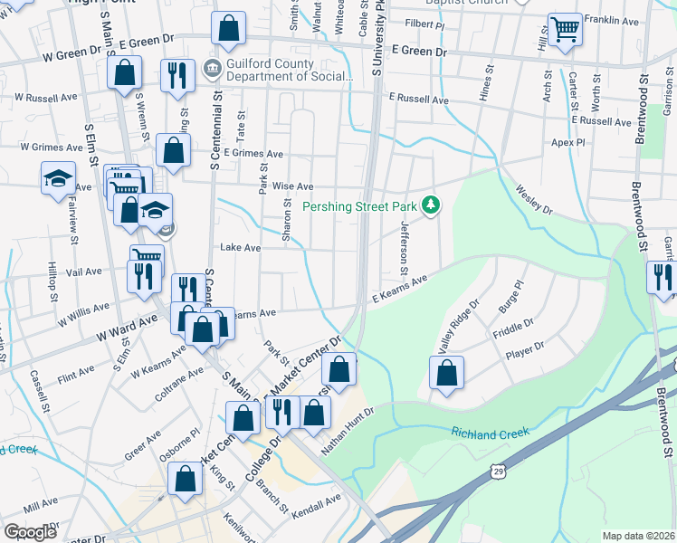 map of restaurants, bars, coffee shops, grocery stores, and more near 1111 Asheboro Street in High Point