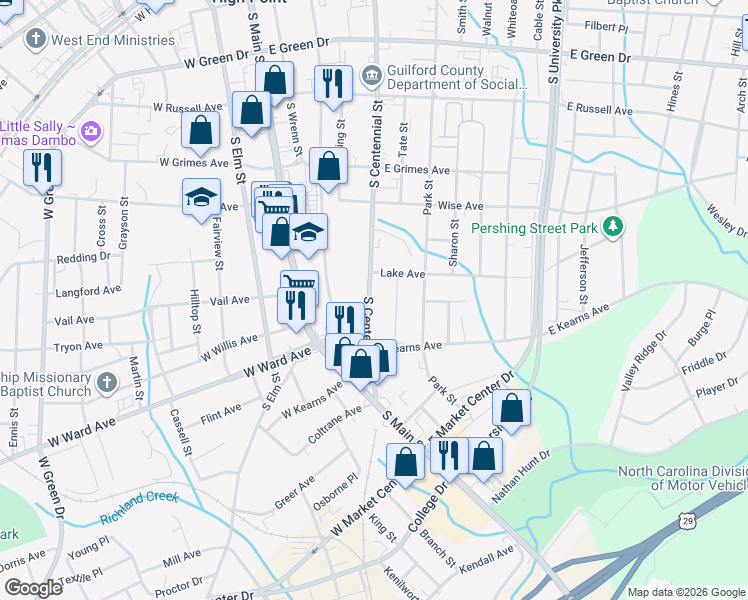 map of restaurants, bars, coffee shops, grocery stores, and more near 815 South Centennial Street in High Point