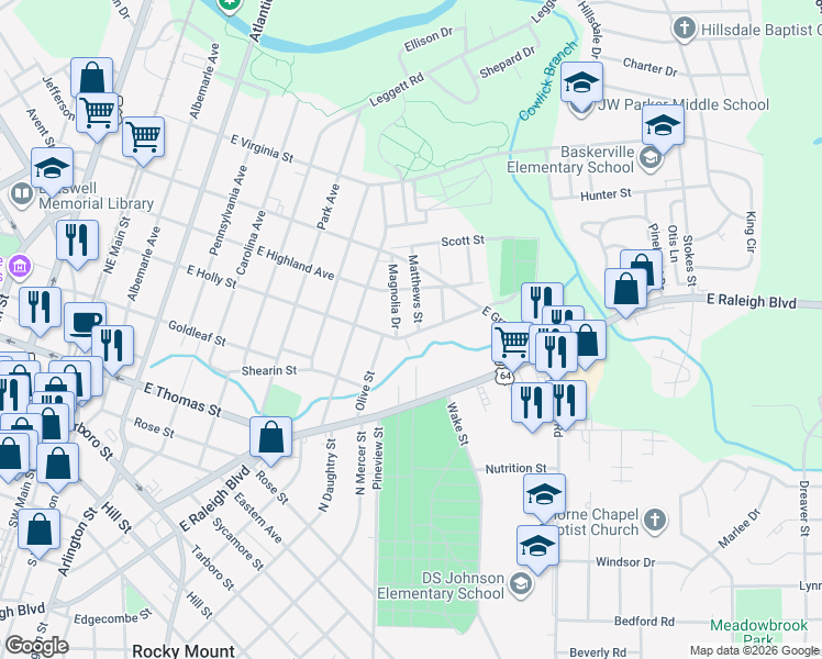 map of restaurants, bars, coffee shops, grocery stores, and more near 337 Matthews Street in Rocky Mount