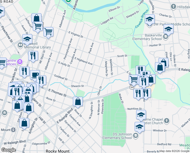 map of restaurants, bars, coffee shops, grocery stores, and more near 320 Coleman Avenue in Rocky Mount